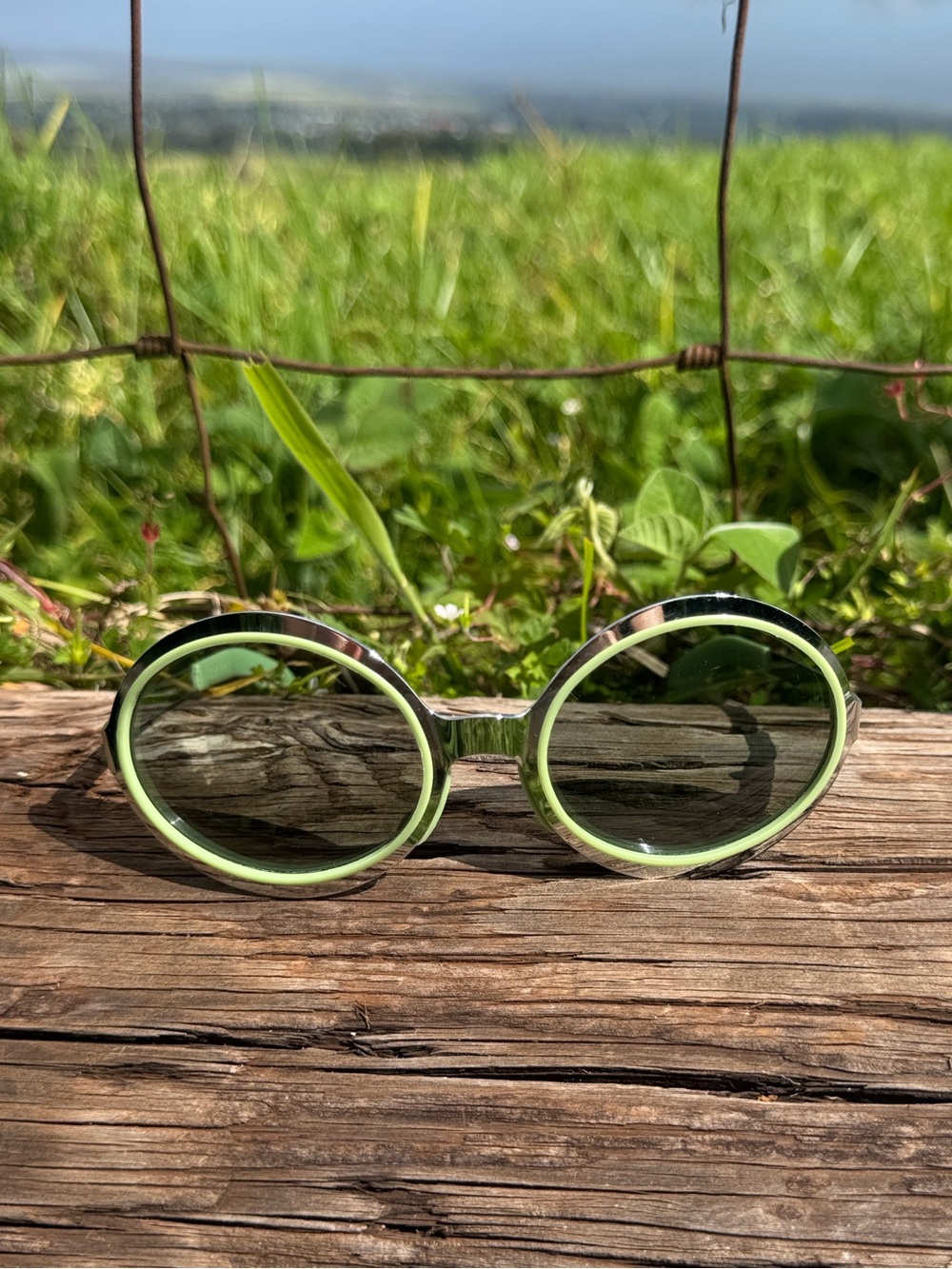 Vintage 60s 70s Mod Pop Art Neon Green Crome psychedelic French Sunglases